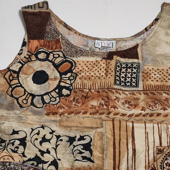 Vintage 80s 90s Stunt 100%  Silk Tank Top Blouse sz M/L brown earth tone ethnic - Picture 3 of 13